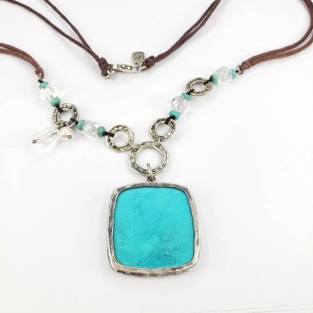 Silpada Necklace Sterling Silver 19.5in Blue Carved Turquoise Pendant Mixed Bead